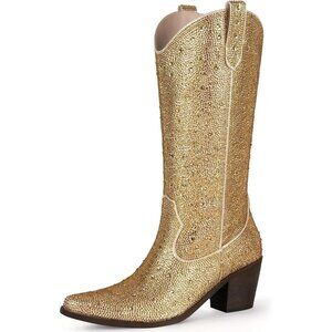Missmiller Women Gold Rhinestone Mid Calf Cowgirl Block Heel Pointed Toe Boots
